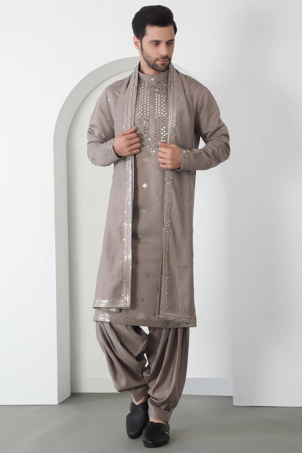 Aham Grey Cotton Embroidered Thread Grey Mirror Kurta Patiala Set