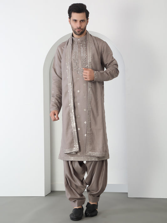 Aham Grey Cotton Embroidered Thread Grey Mirror Kurta Patiala Set