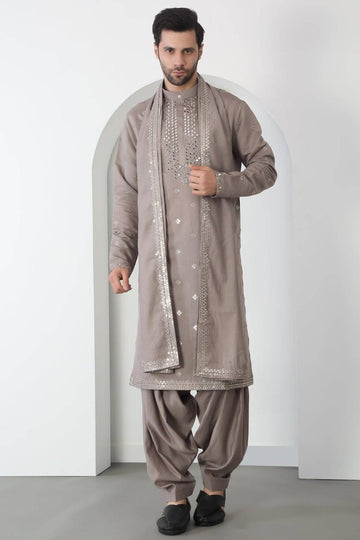 Aham Grey Cotton Embroidered Thread Grey Mirror Kurta Patiala Set