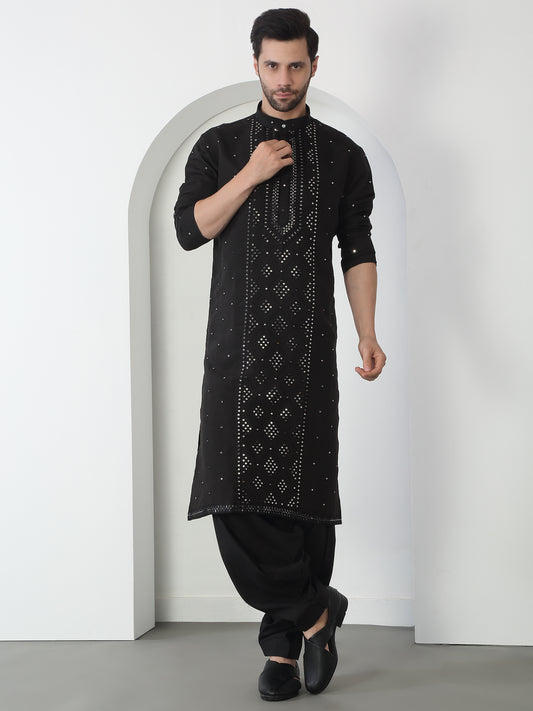Akshat Black Embroidered Cotton Kurta Patiala Set