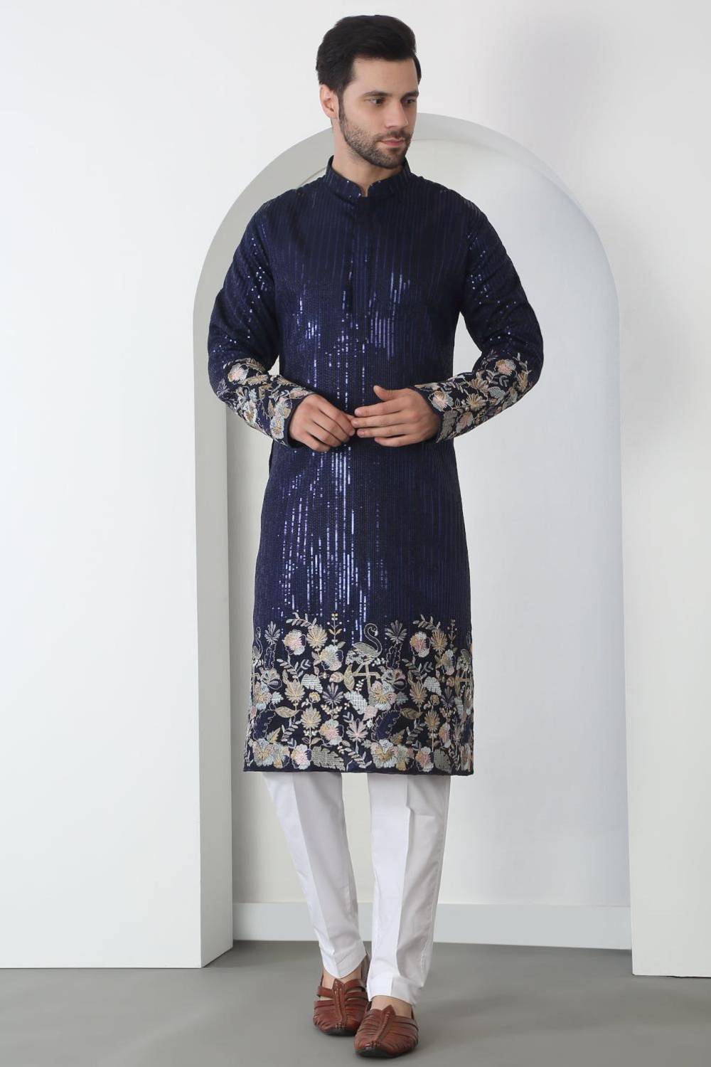 Neelkamal Dark Blue Cotton Embroidered Floral Thread Kurta Set With Dupatta