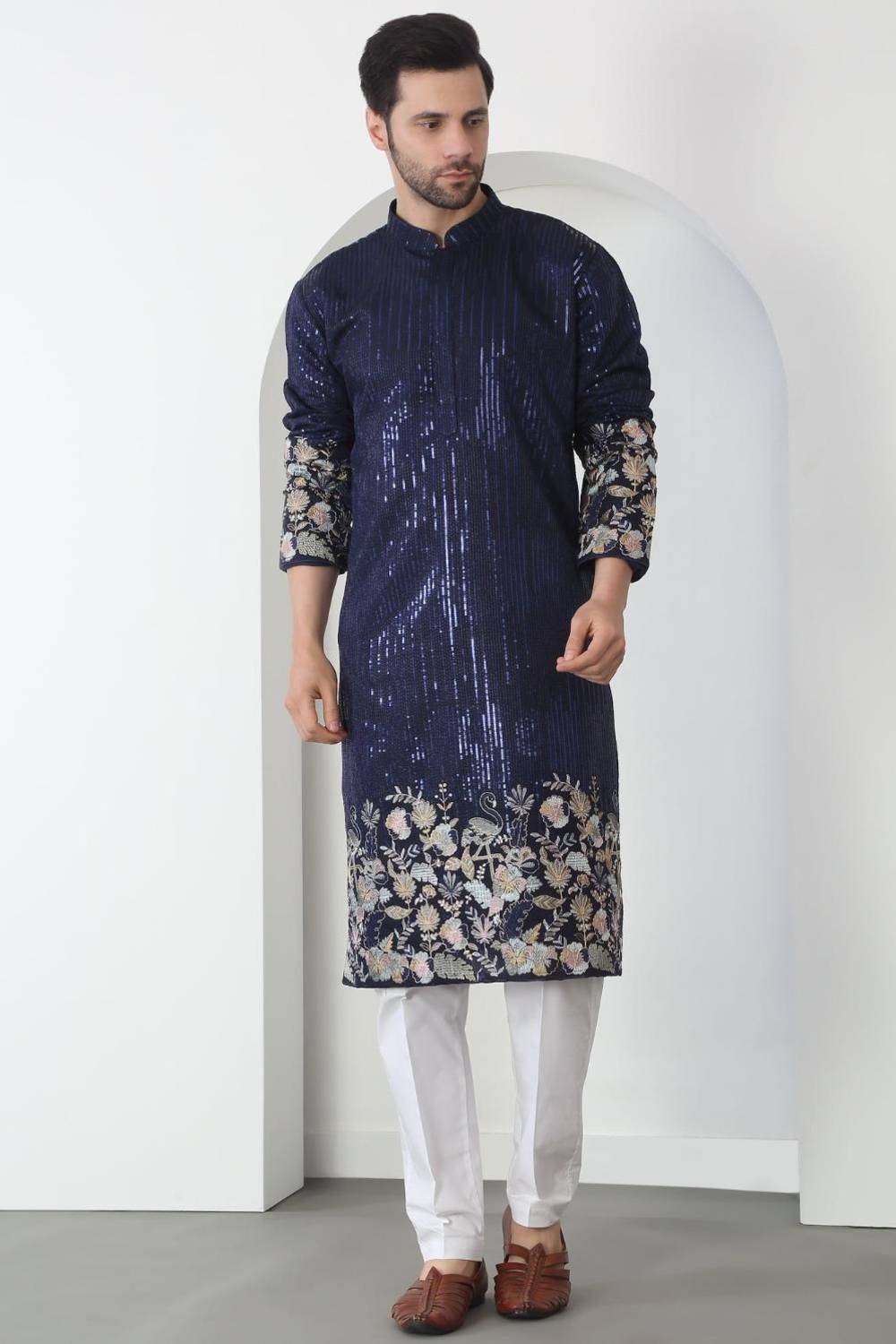 Neelkamal Dark Blue Cotton Embroidered Floral Thread Kurta Set With Dupatta