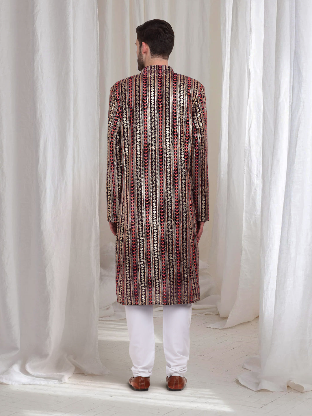 Jalsa Embroidered Linear Floral Kurta Churidar Set - Dark Wine