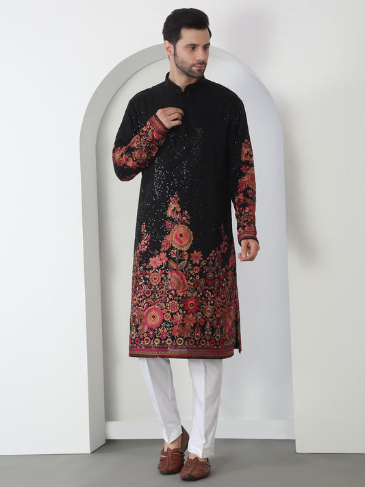 Kalki Black Cotton Embroidered Floral Kurta Set