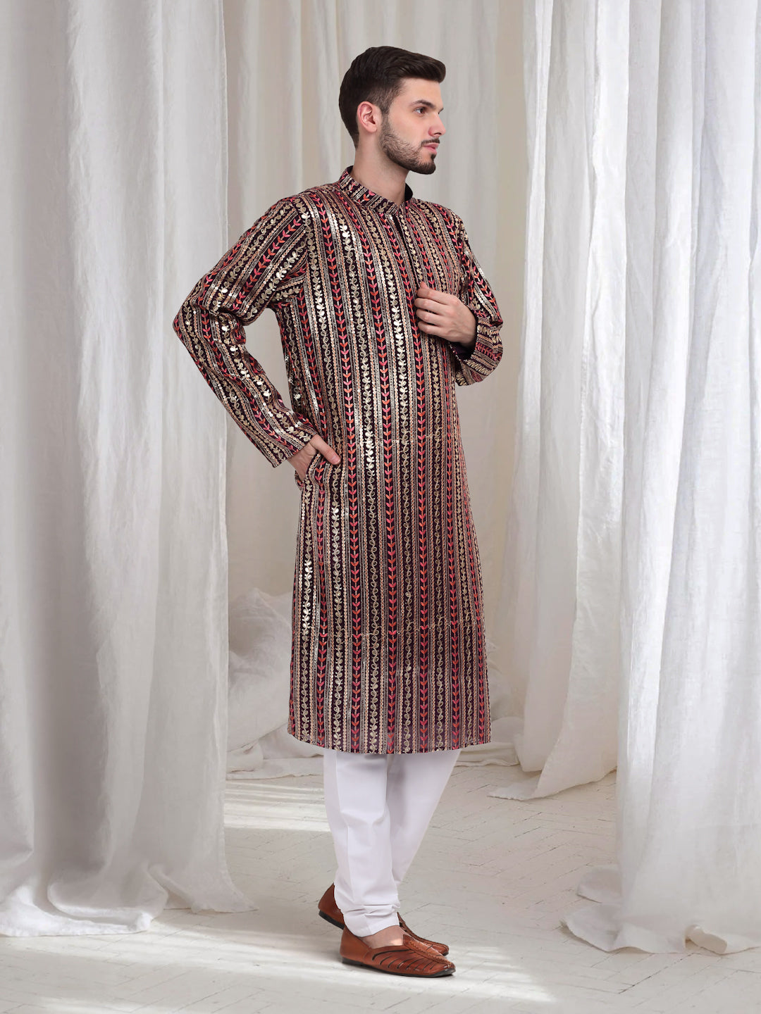 Jalsa Embroidered Linear Floral Kurta Churidar Set - Dark Wine