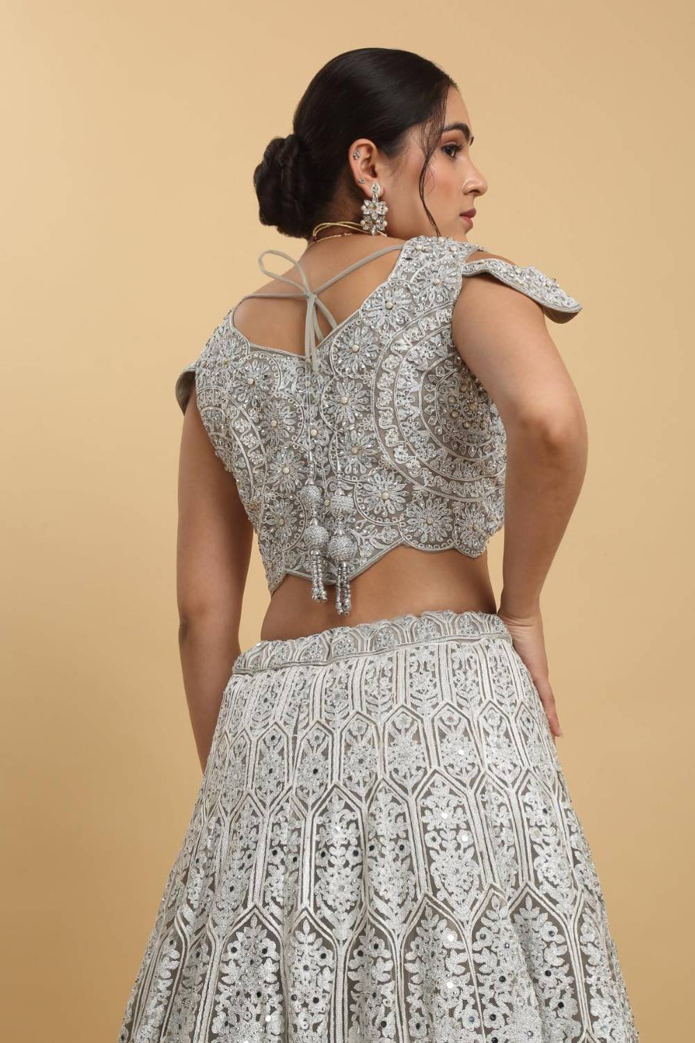 Chandra Kiran Silver Mirror Embroidered  Lehenga Set
