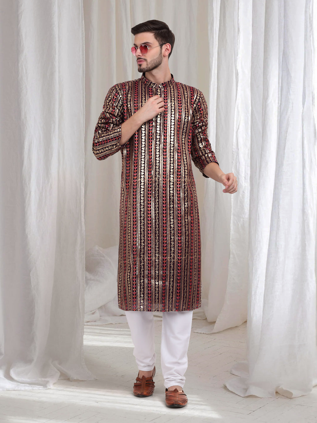 Jalsa Embroidered Linear Floral Kurta Churidar Set - Dark Wine