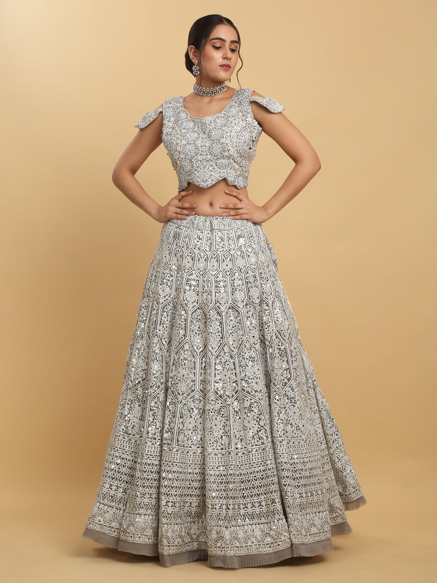Chandra Kiran Silver Mirror Embroidered  Lehenga Set