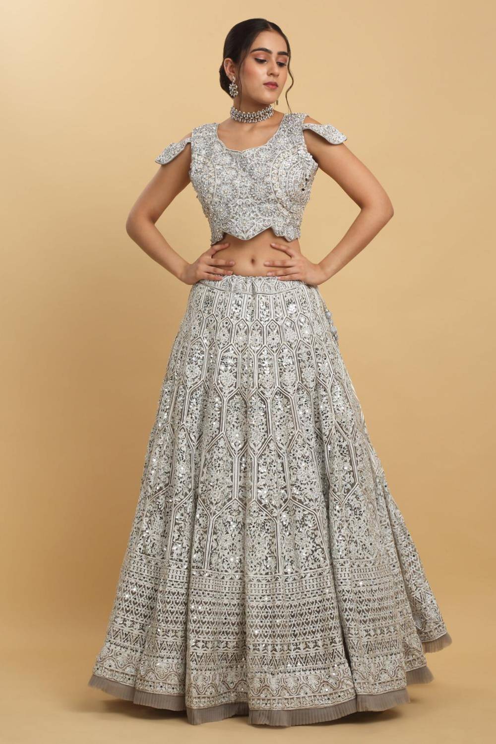 Chandra Kiran Silver Mirror Embroidered  Lehenga Set