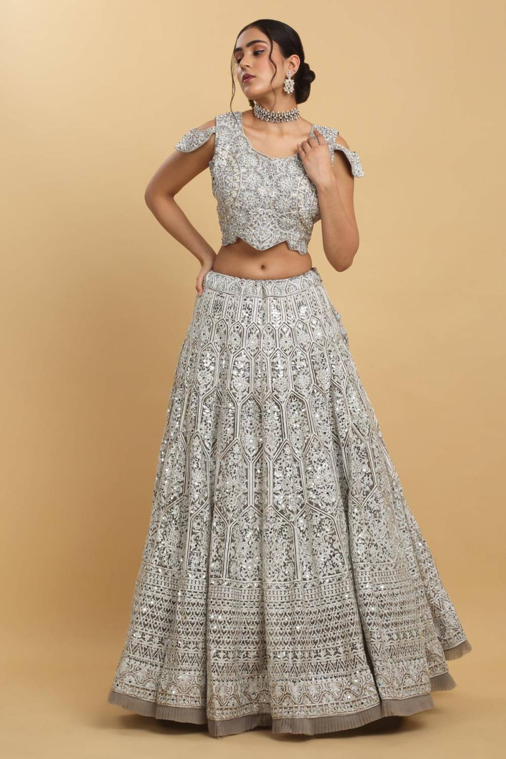 Chandra Kiran Silver Mirror Embroidered  Lehenga Set