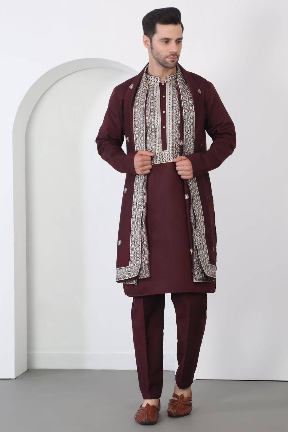 Nawaab Embroidered  Kurta Dupatta Pants Set - Dark Wine