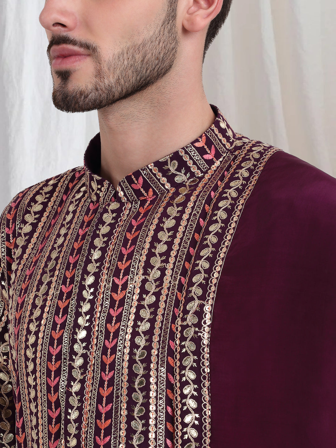 Jalsa Embroidered Linear Floral Kurta Churidar Set - Dark Wine