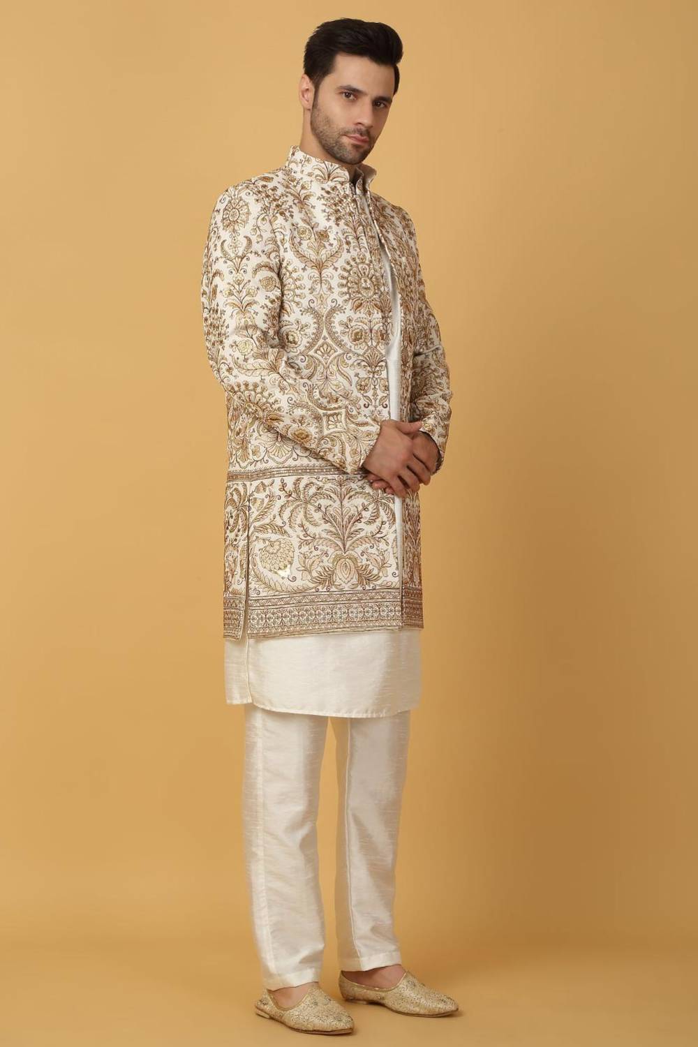 Nizam Embroidered Indo Western Jacket Set - Ivory
