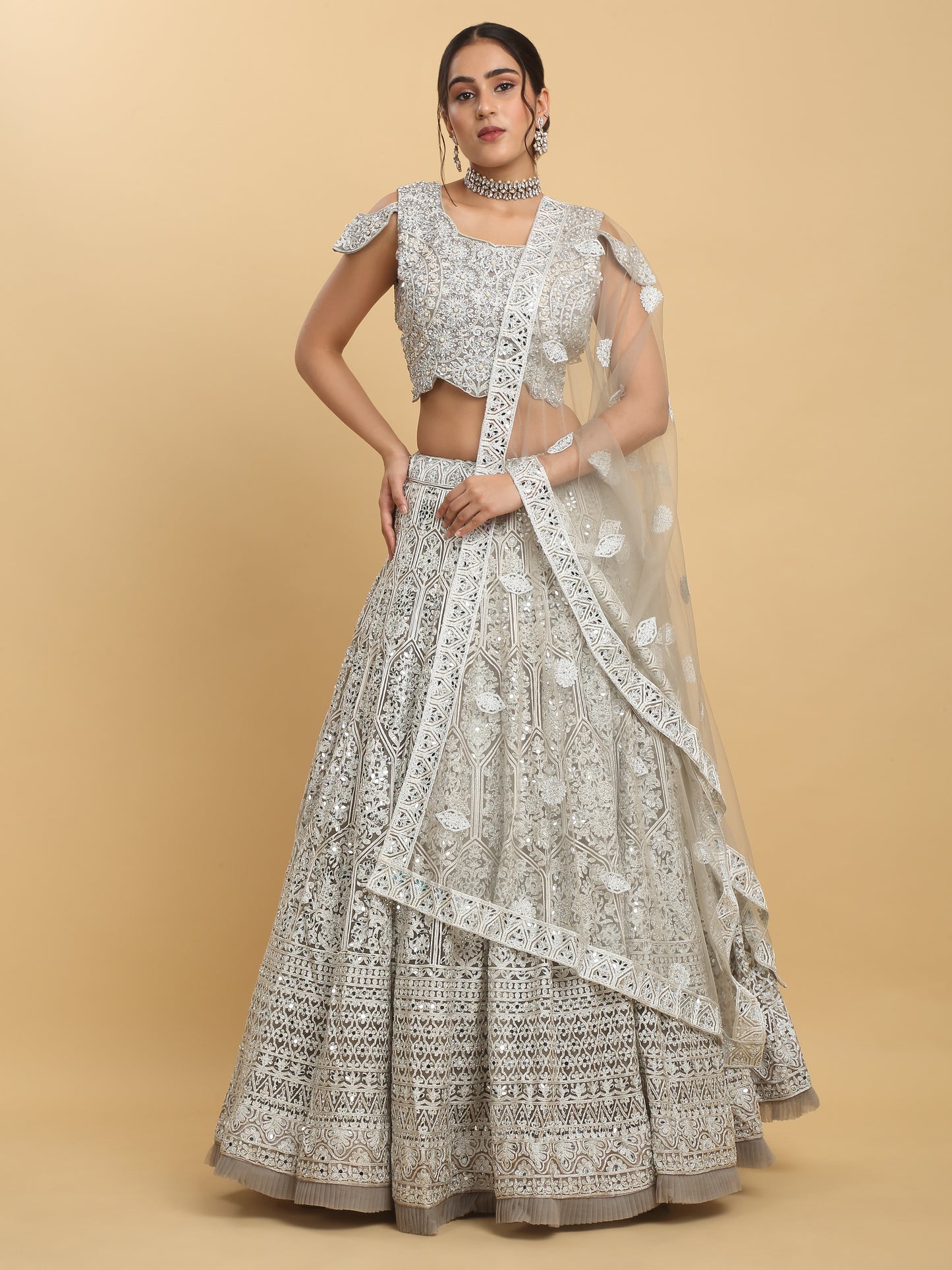 Chandra Kiran Silver Mirror Embroidered  Lehenga Set
