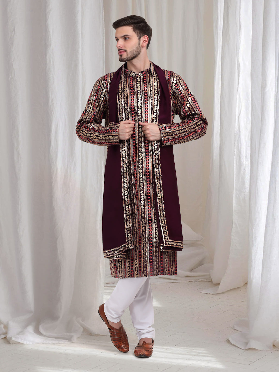 Jalsa Embroidered Linear Floral Kurta Churidar Set - Dark Wine
