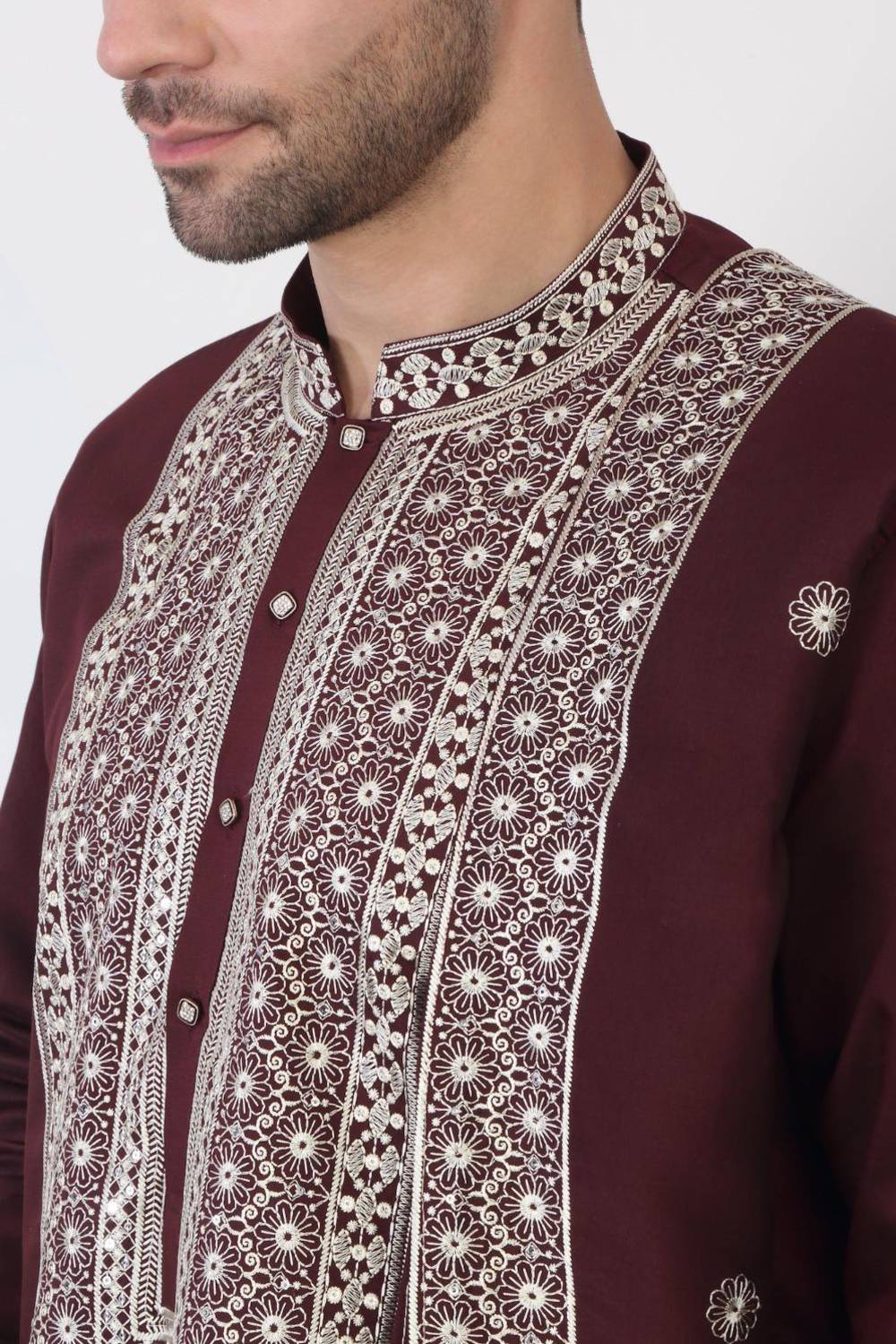 Nawaab Embroidered  Kurta Dupatta Pants Set - Dark Wine