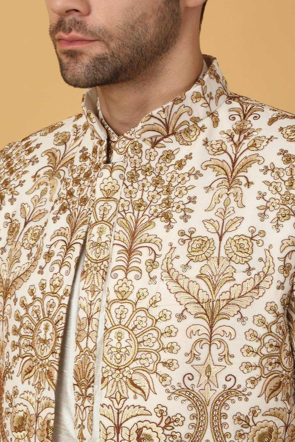Nizam Embroidered Indo Western Jacket Set - Ivory