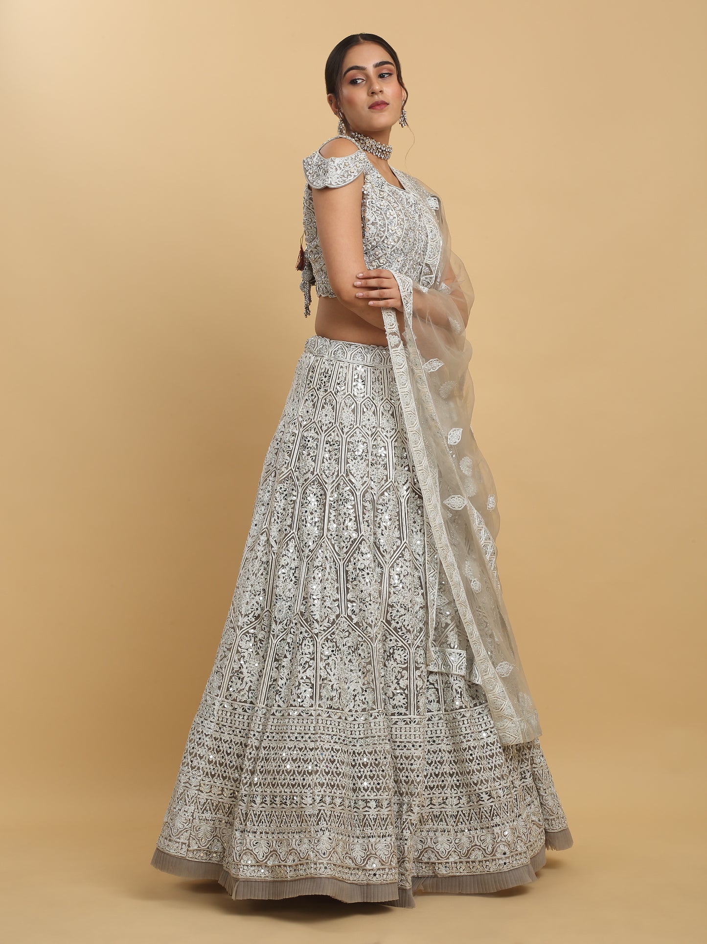 Chandra Kiran Silver Mirror Embroidered  Lehenga Set