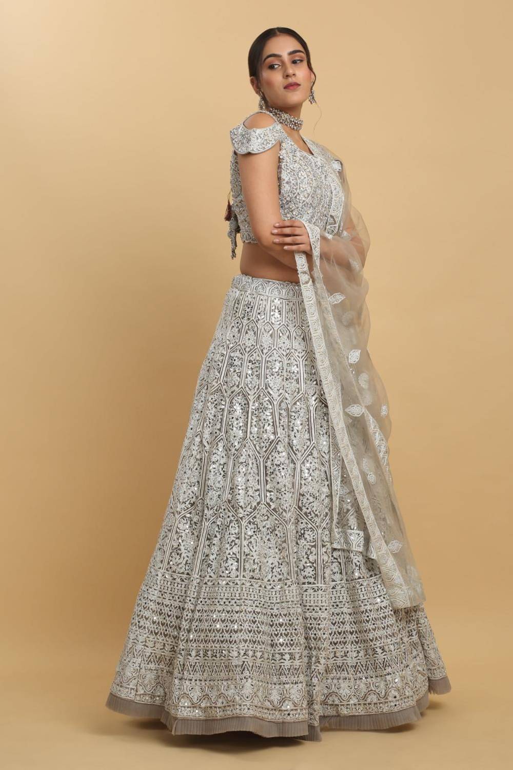 Chandra Kiran Silver Mirror Embroidered  Lehenga Set