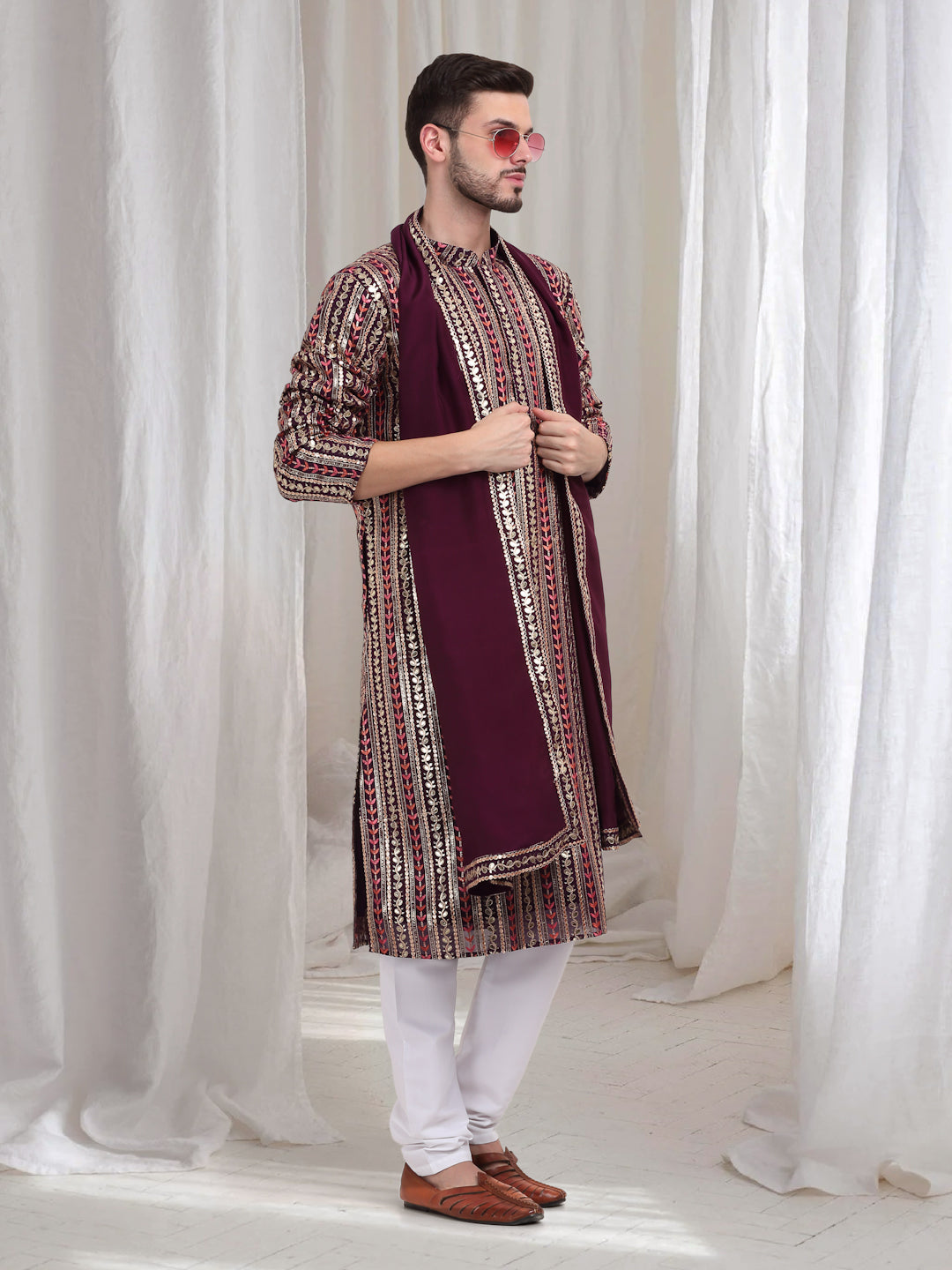 Jalsa Embroidered Linear Floral Kurta Churidar Set - Dark Wine