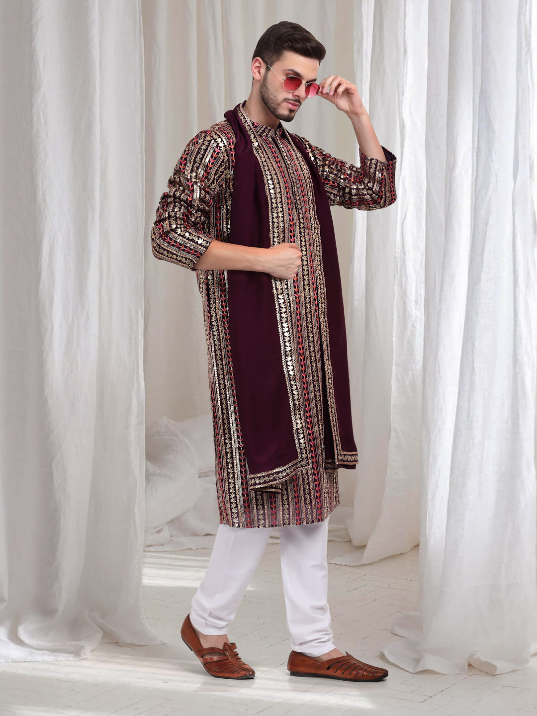 Jalsa Embroidered Linear Floral Kurta Churidar Set - Dark Wine