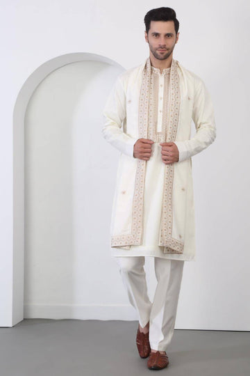 Nawaab Embroidered  Kurta Dupatta Pants Set - Cream