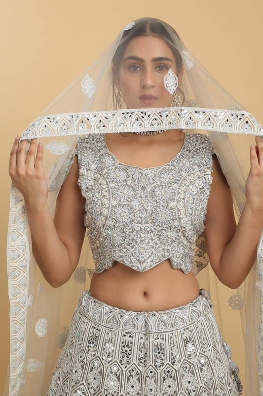 Chandra Kiran Silver Mirror Embroidered  Lehenga Set