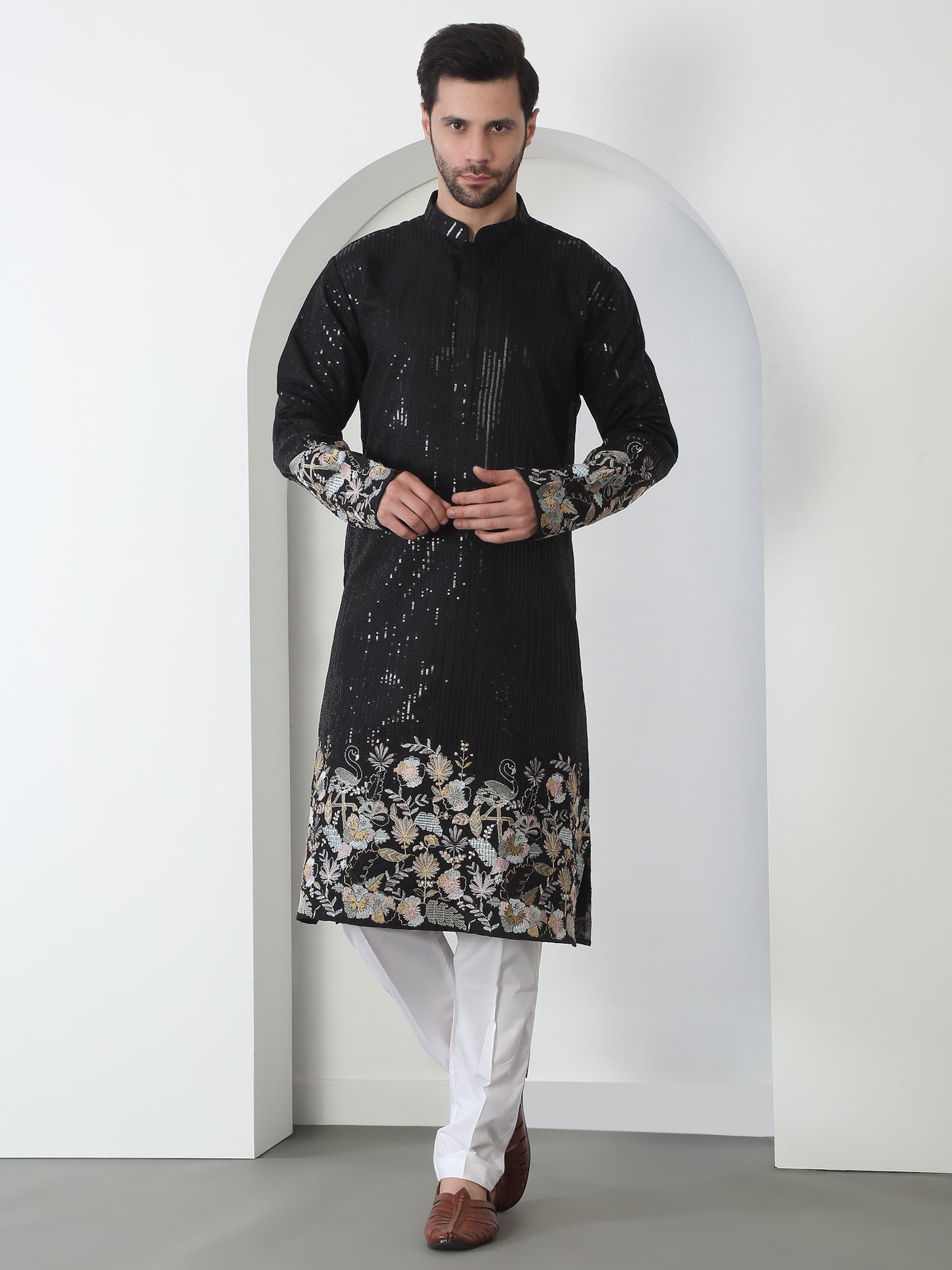 Neelkamal Black Cotton Embroidered Floral Thread Kurta Set