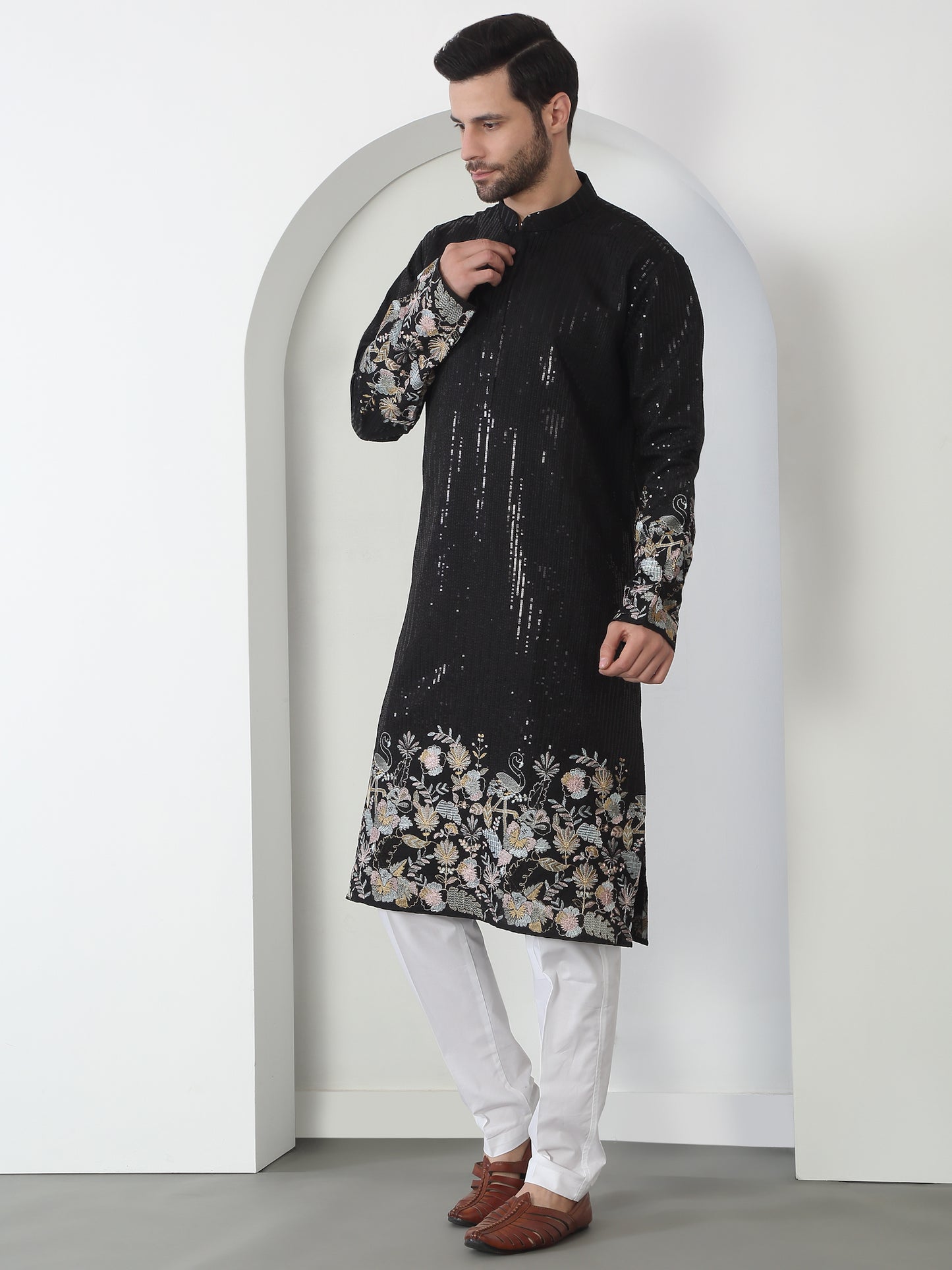 Neelkamal Black Cotton Embroidered Floral Thread Kurta Set