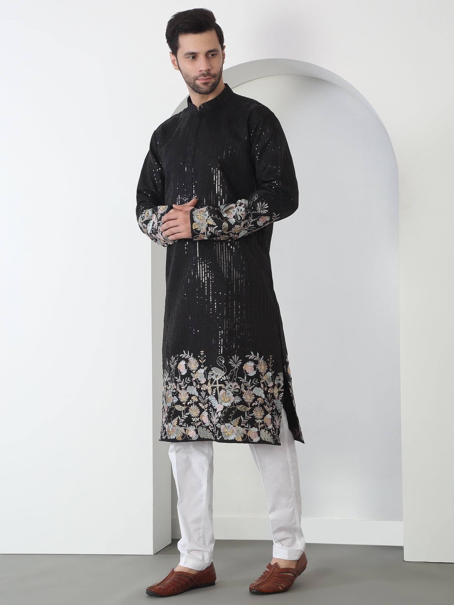Neelkamal Black Cotton Embroidered Floral Thread Kurta Set