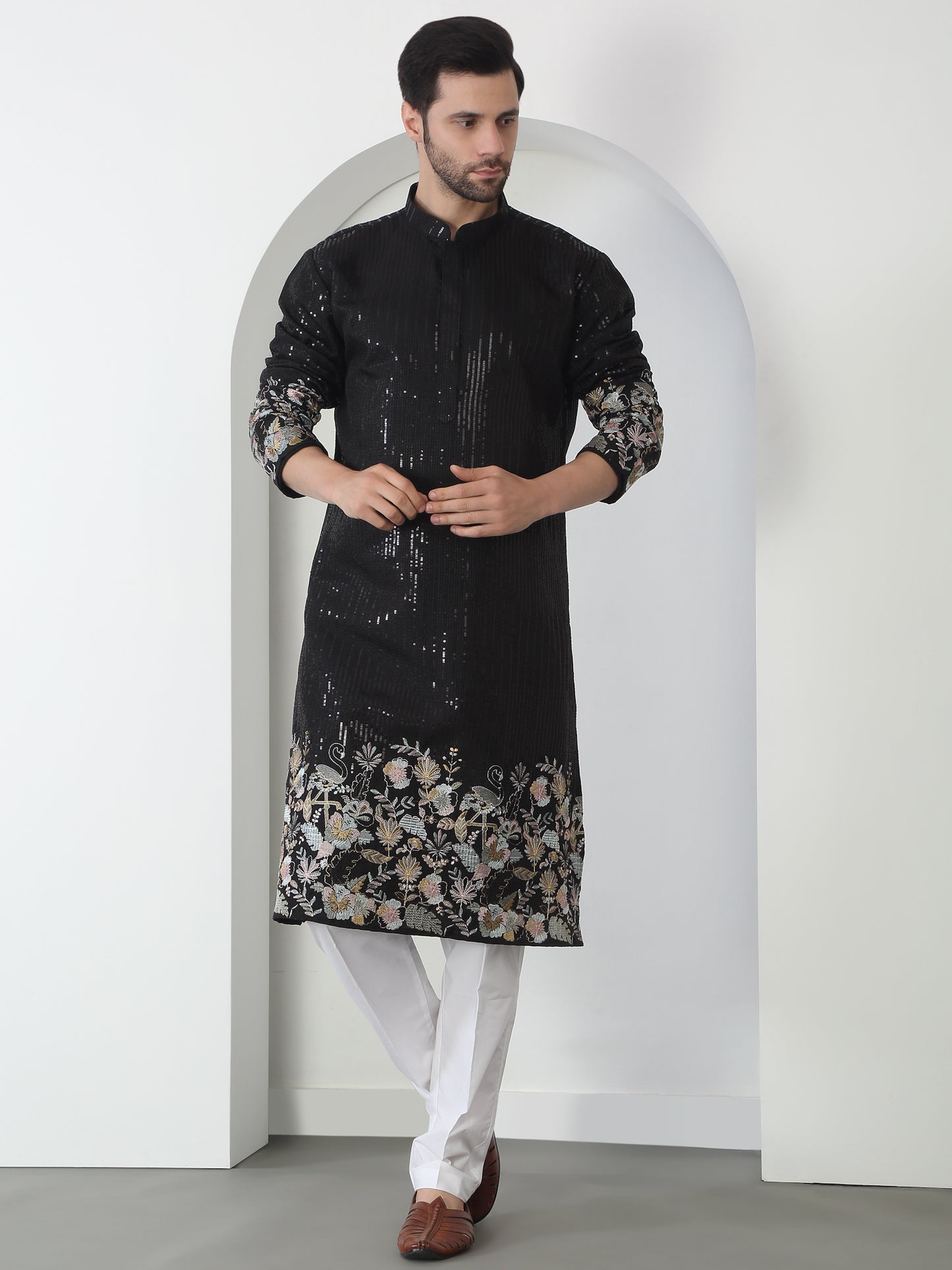 Neelkamal Black Cotton Embroidered Floral Thread Kurta Set