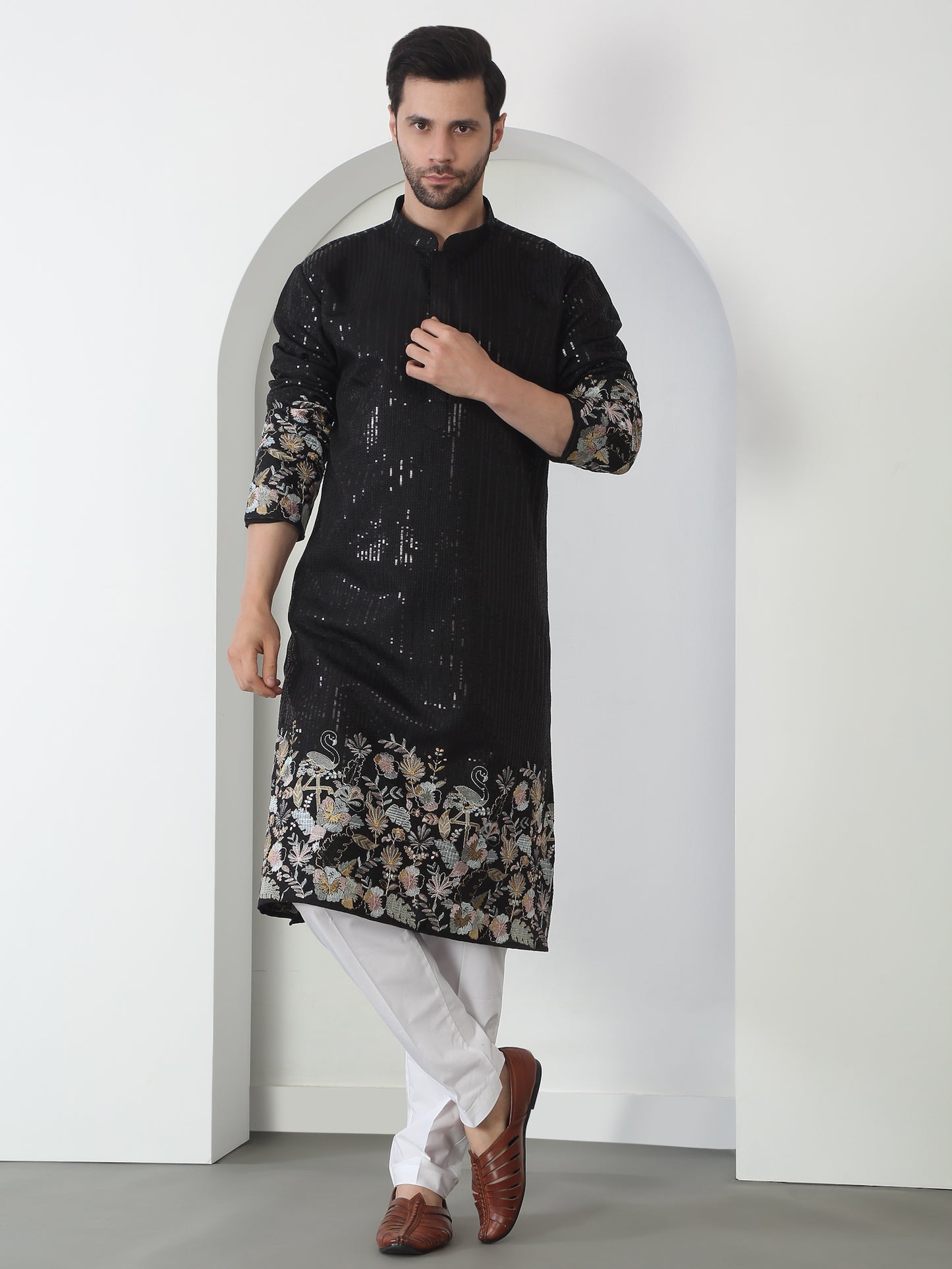 Neelkamal Black Cotton Embroidered Floral Thread Kurta Set