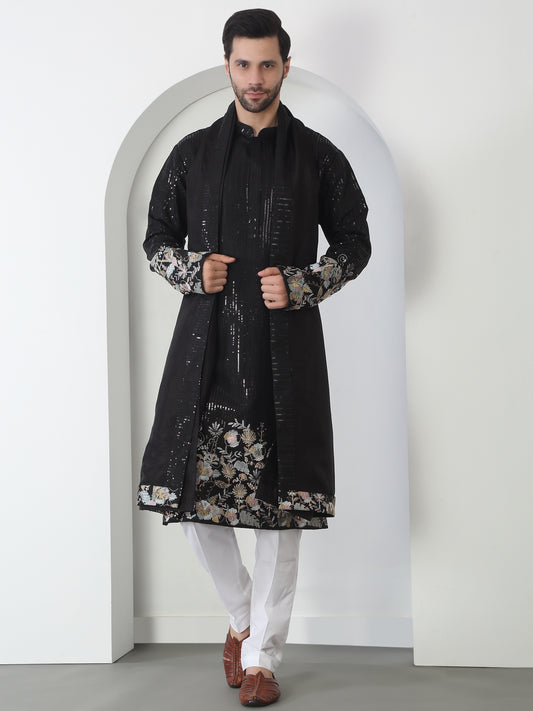 Neelkamal Black Cotton Embroidered Floral Thread Kurta Set