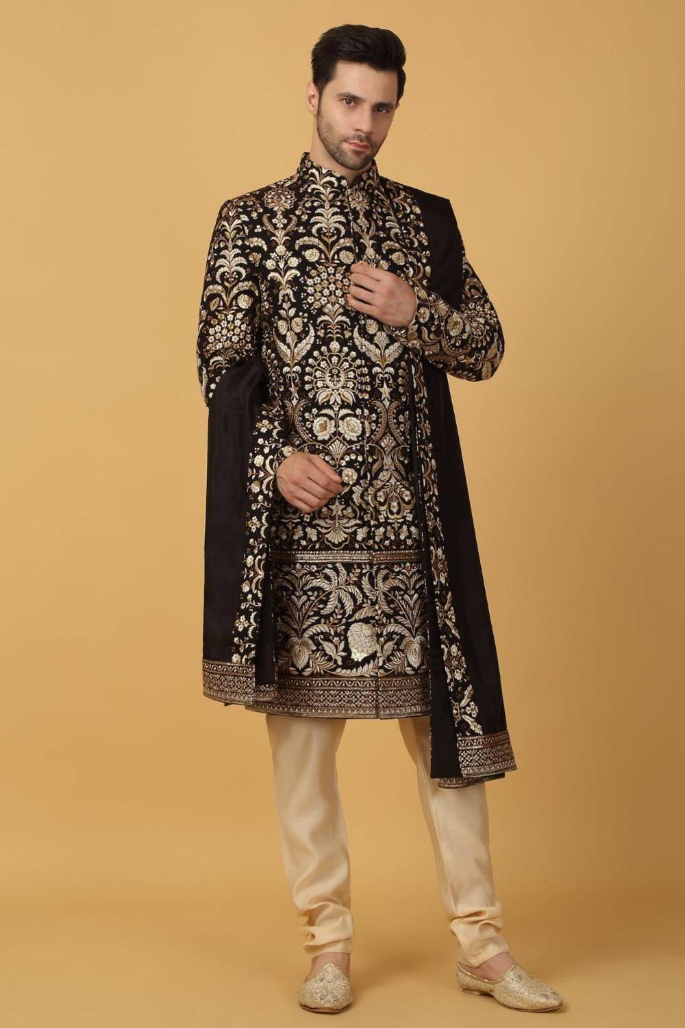 Nizam Embroidered Sherwani Set - Black
