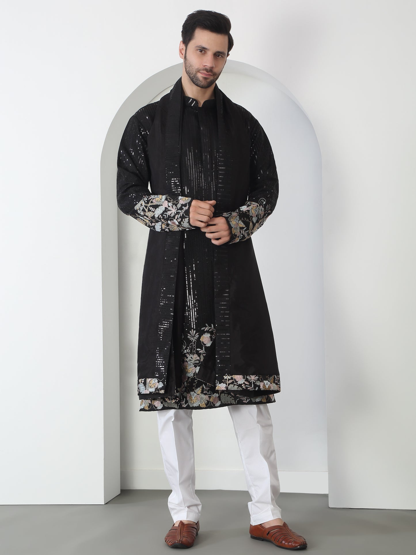 Neelkamal Black Cotton Embroidered Floral Thread Kurta Set