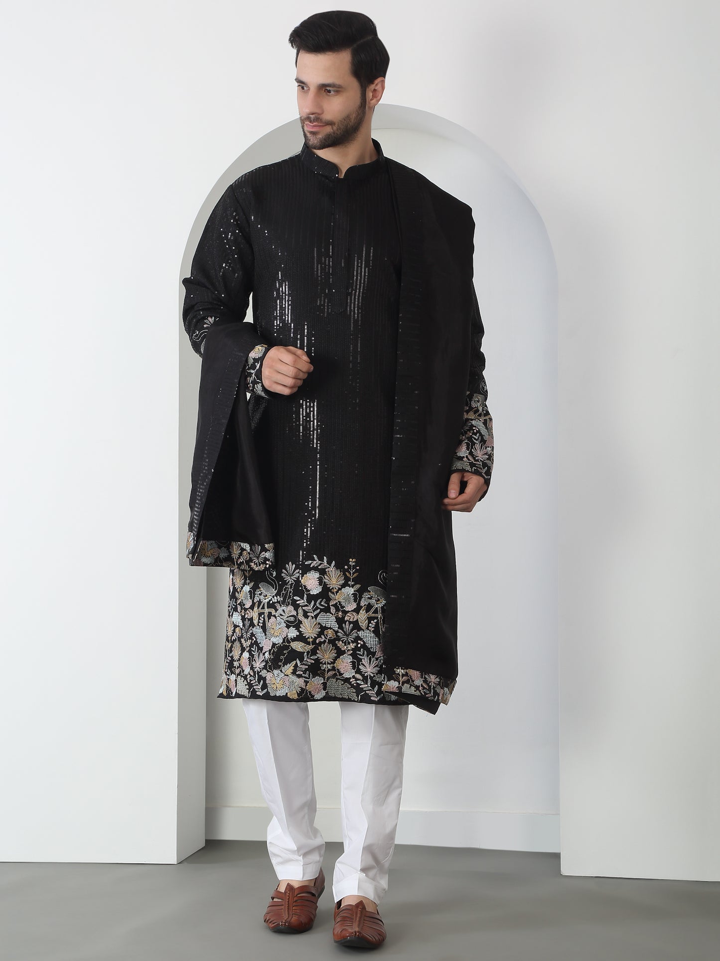 Neelkamal Black Cotton Embroidered Floral Thread Kurta Set