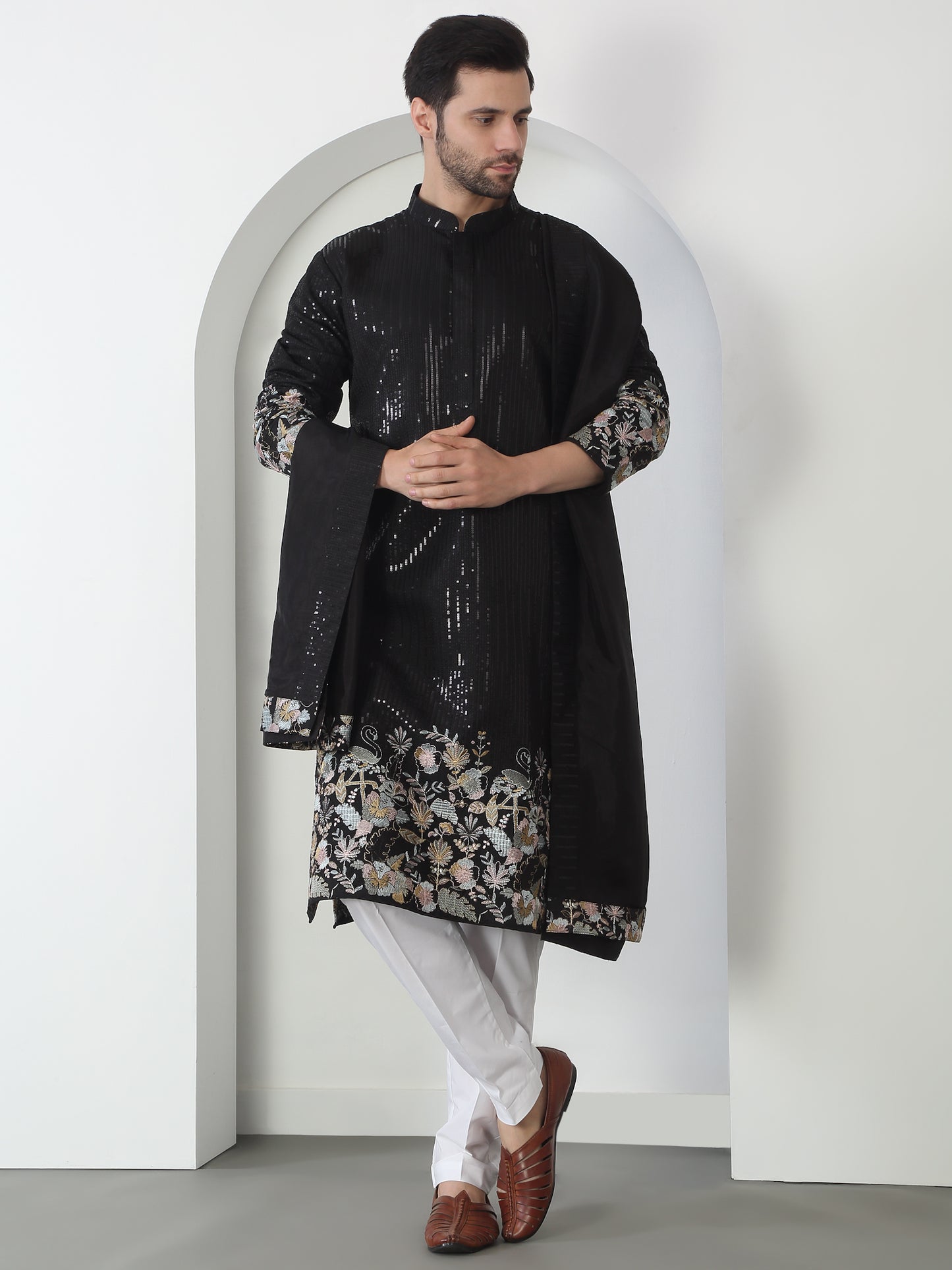 Neelkamal Black Cotton Embroidered Floral Thread Kurta Set