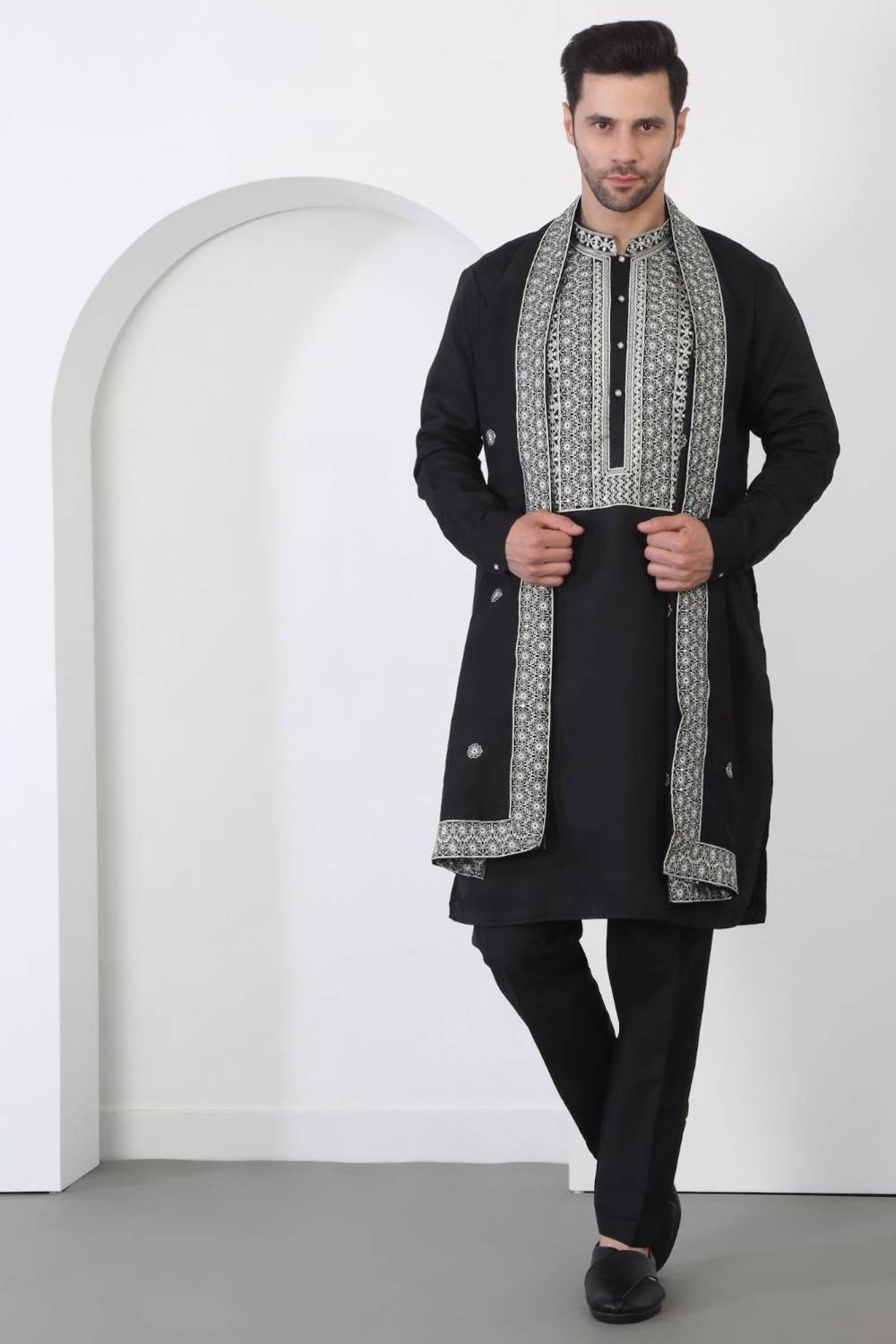 Nawaab Embroidered  Kurta Dupatta Pants Set - Black