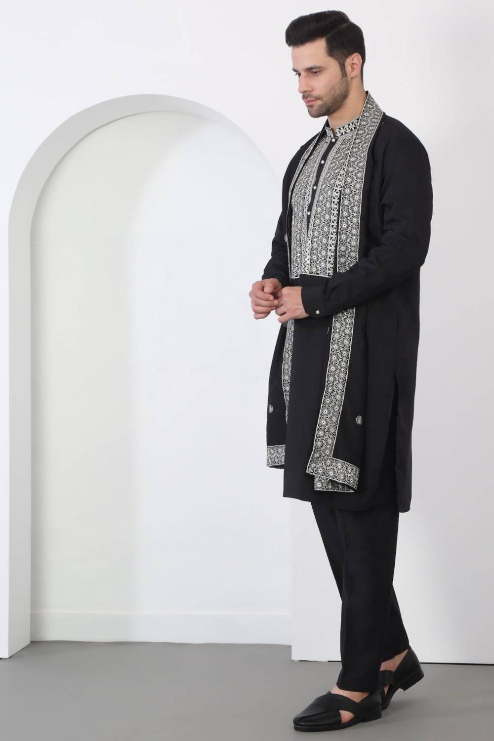 Nawaab Embroidered  Kurta Dupatta Pants Set - Black