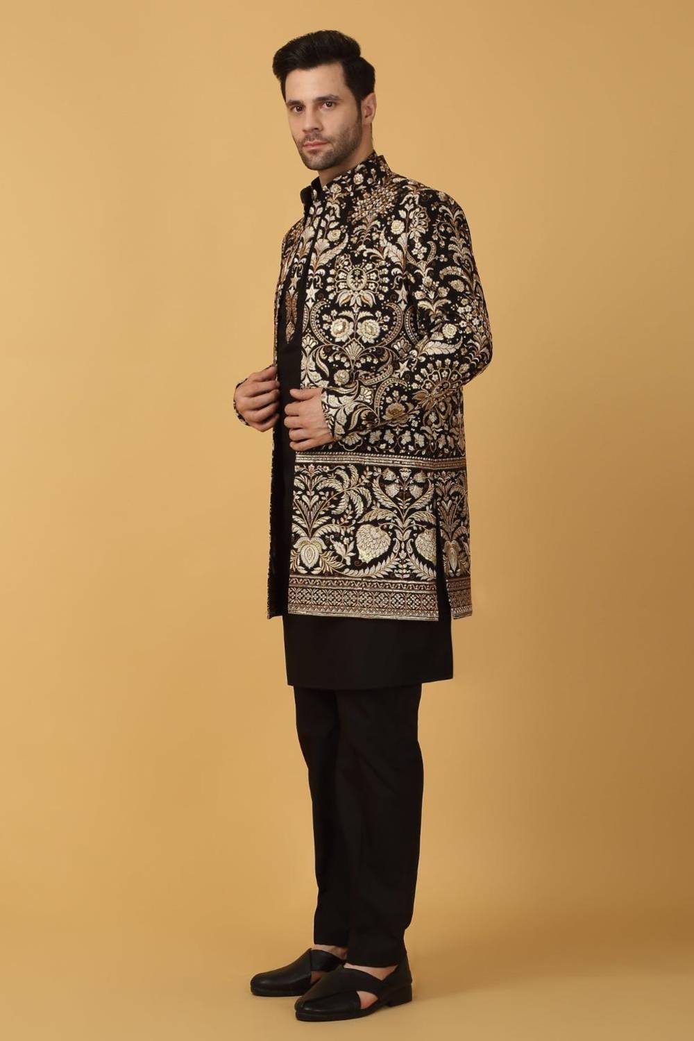 Nizam Embroidered Indo Western Jacket Set - Black