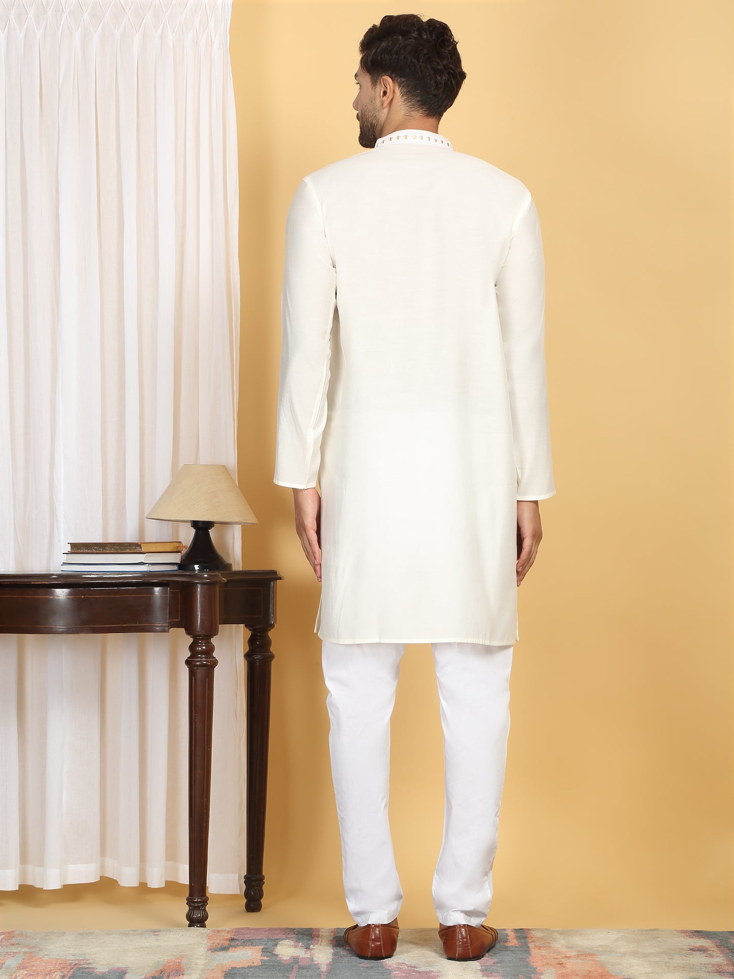 Swarna Mirror Work Kurta And Pant Set - Cream