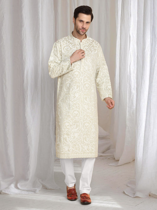 Aham Flora Thread Embroidered Kurta Set - Cream