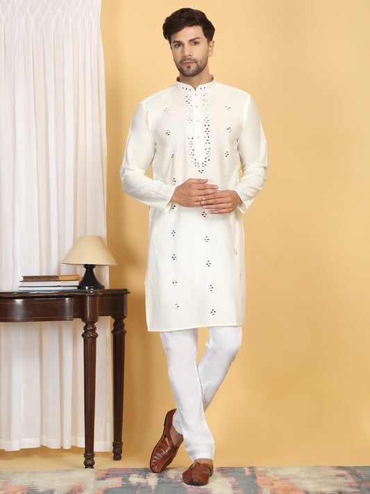 Swarna Mirror Work Kurta And Pant Set - Cream