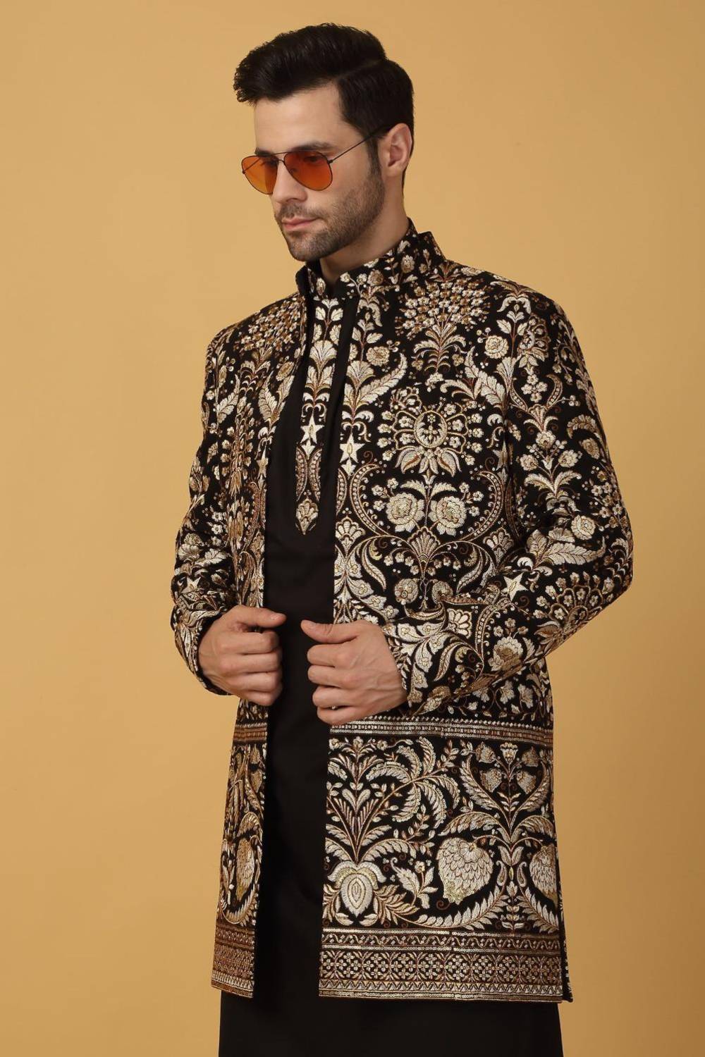 Nizam Embroidered Indo Western Jacket Set - Black
