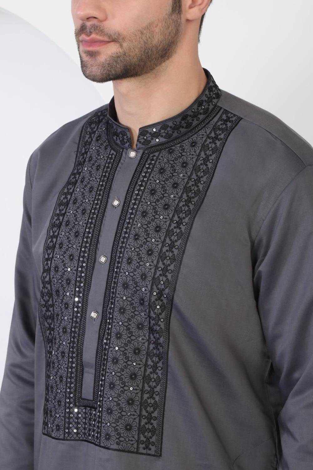 Nawaab Embroidered  Kurta Dupatta Pants Set - Grey