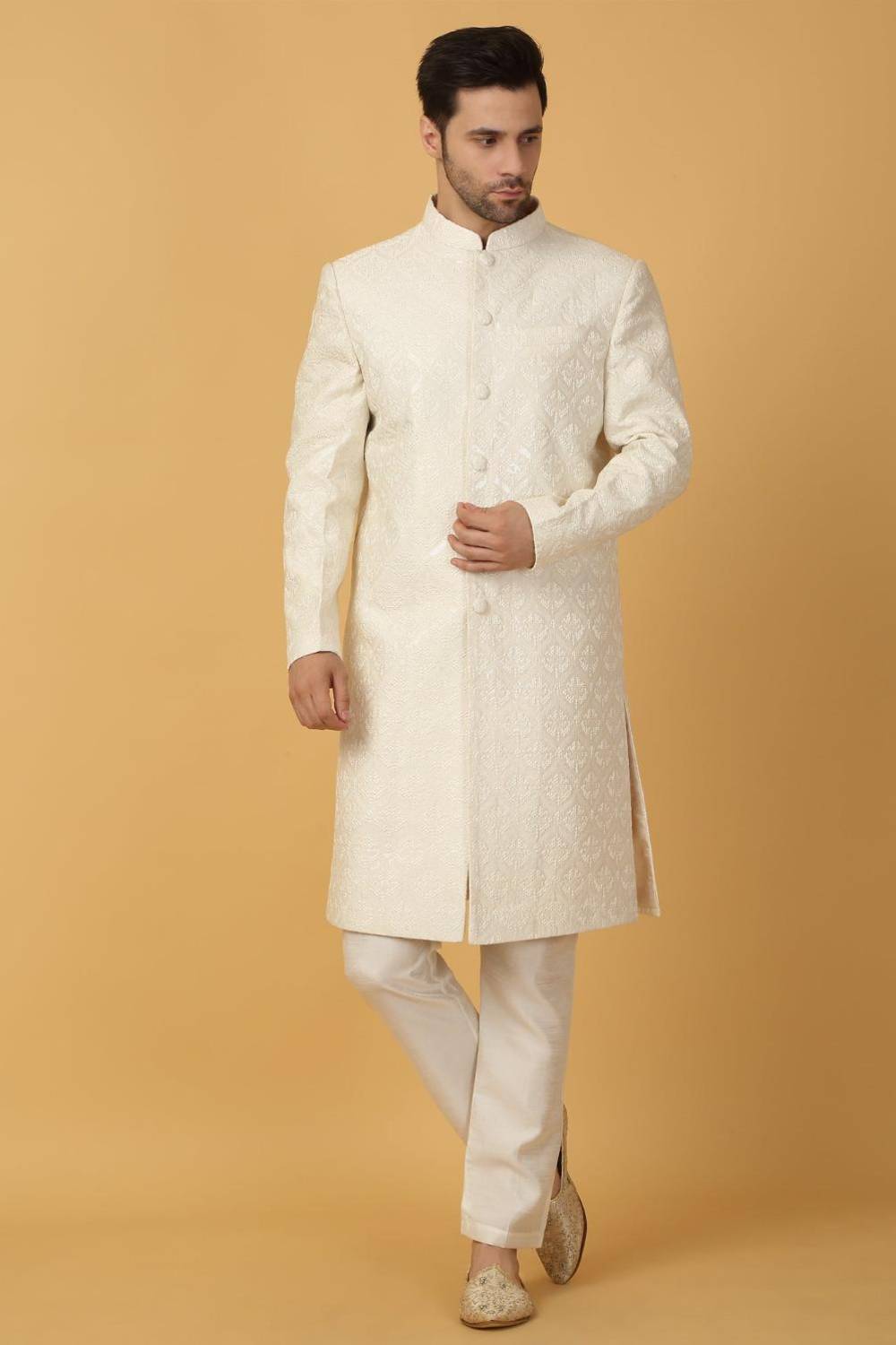 Shwet Banaras Embroidered Sherwani Set - Ivory White