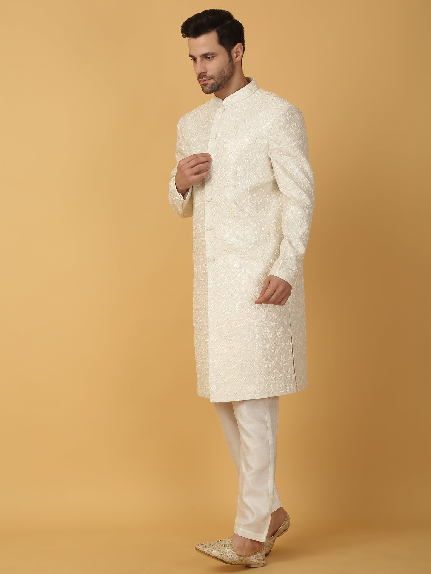 Shwet Banaras Embroidered Sherwani Set - Ivory White