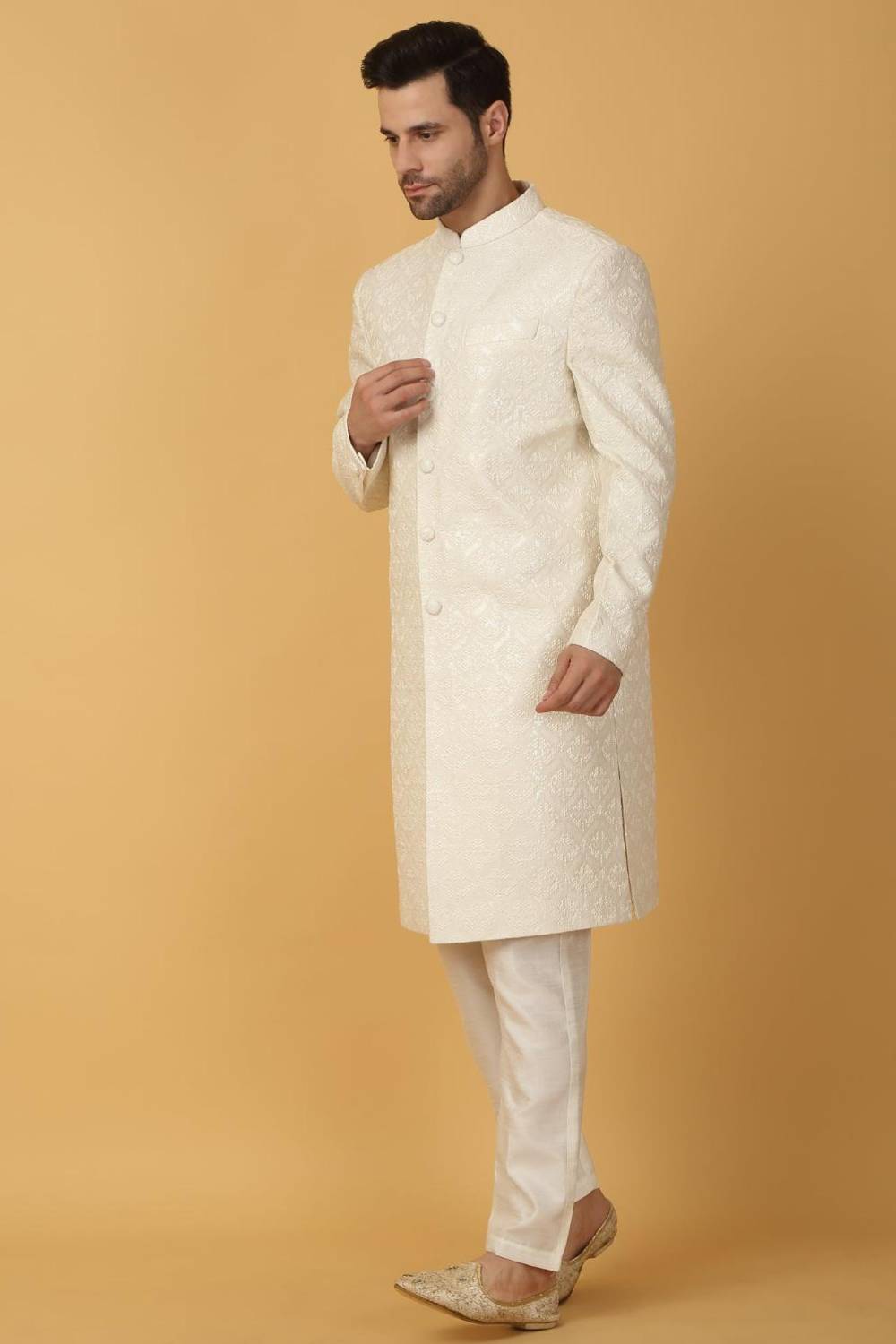 Shwet Banaras Embroidered Sherwani Set - Ivory White