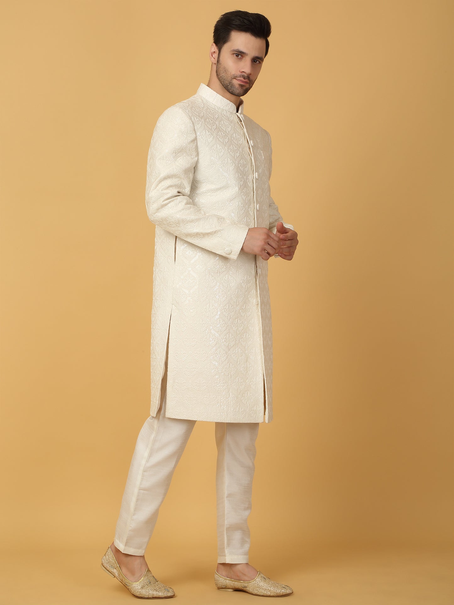 Shwet Banaras Embroidered Sherwani Set - Ivory White