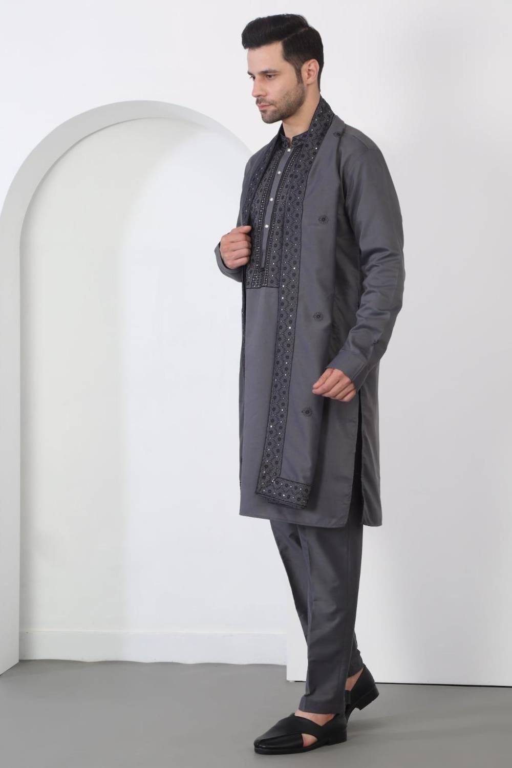 Nawaab Embroidered  Kurta Dupatta Pants Set - Grey